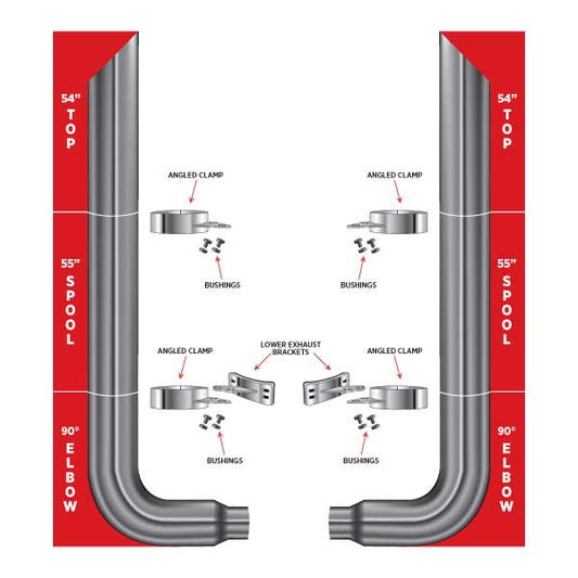 TRUX 54" Mitered Top Stacks, 55" Spools, 90° 7"-5" Elbows, Clamps, Lower Brackets & Bushings