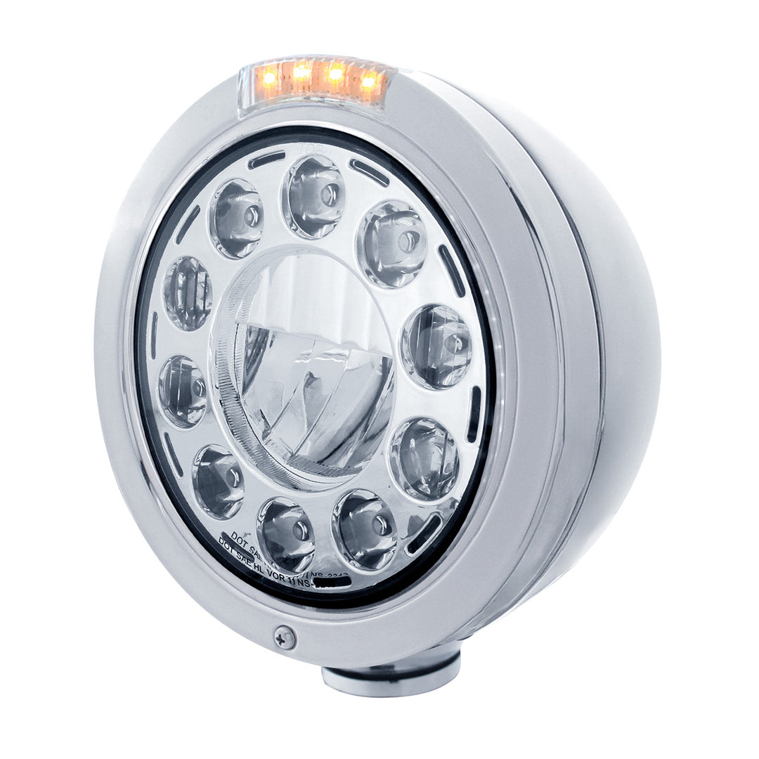 Stainless Bullet Classic Headlight 11 LED Bulb With Dual Mode LED Signal - Clear Lens - View 1
