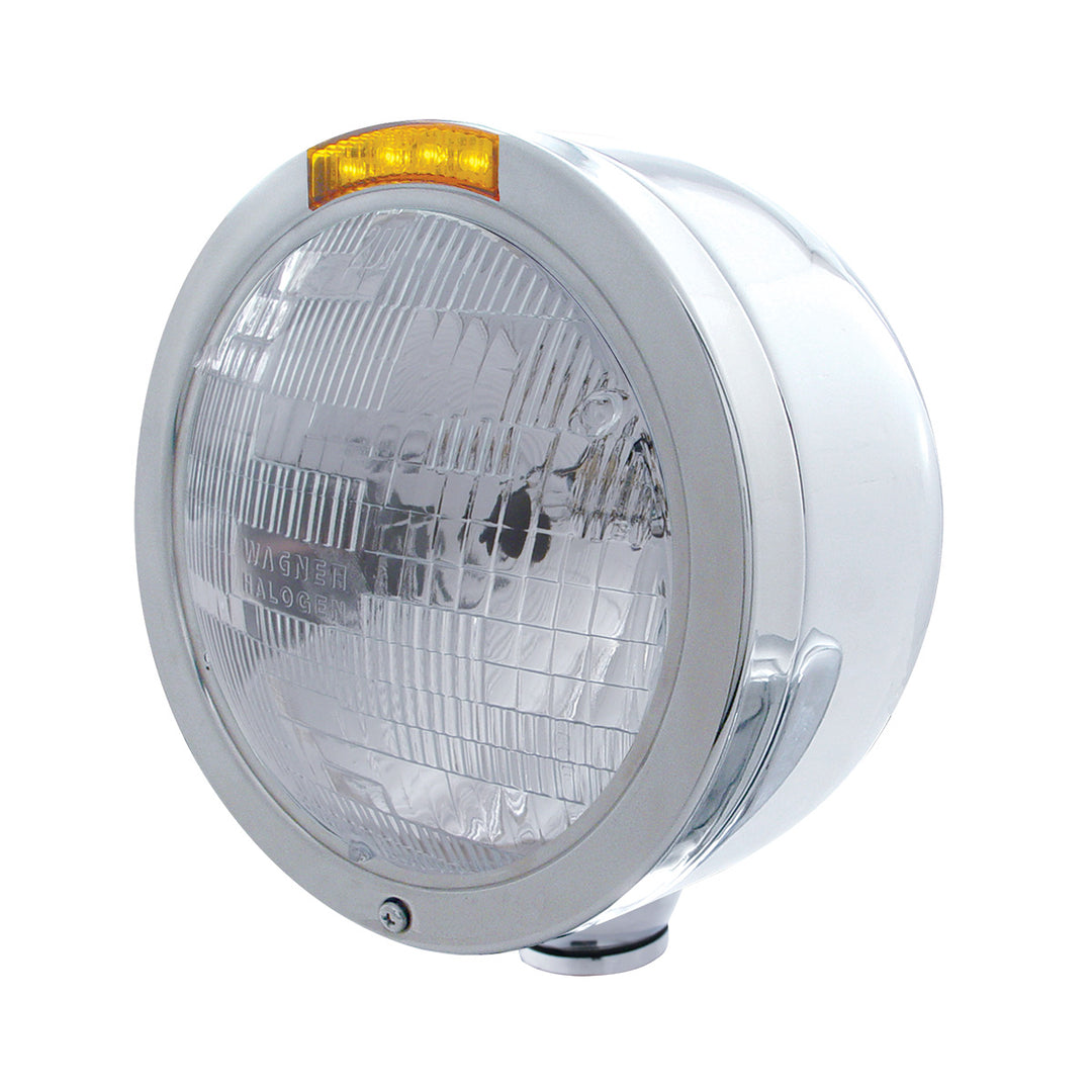 Stainless Steel Bullet Half Moon Headlight H6024 Bulb &amp; LED Turn Signal - Amber Lens - View 1