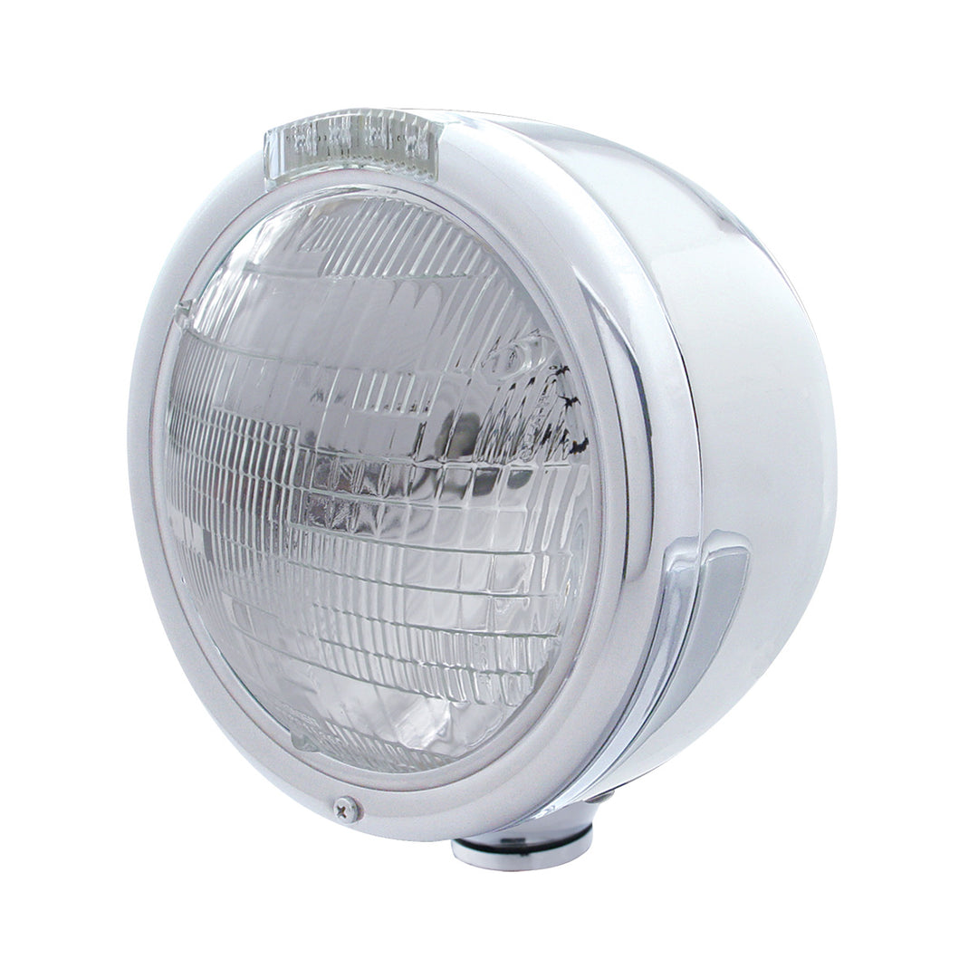 Stainless Steel Classic Half Moon Headlight 6014 Bulb &amp; LED Turn Signal - Clear Lens - View 1
