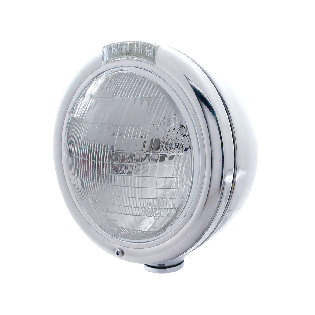 Stainless Steel Classic Headlight 6014 Bulb &amp; LED Turn Signal - Clear Lens - View 1