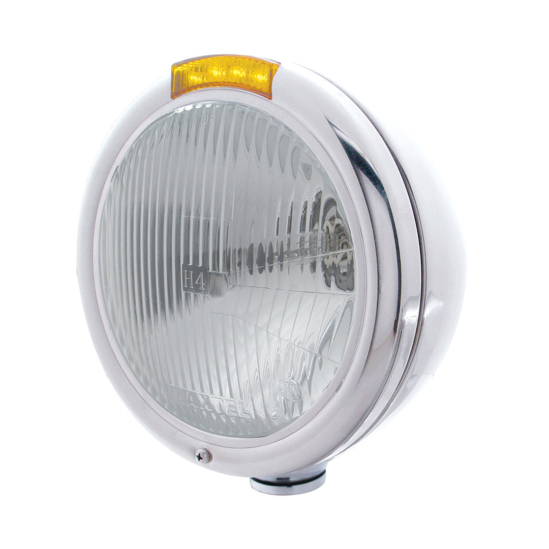 Stainless Steel Classic Headlight H4 Bulb &amp; LED Turn Signal - Amber Lens - View 1