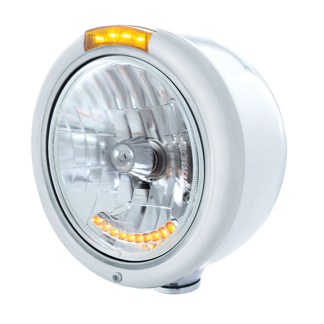 Stainless Steel Classic Half Moon Headlight H4 With LED Turn Signal - Amber LED/Lens - View 1