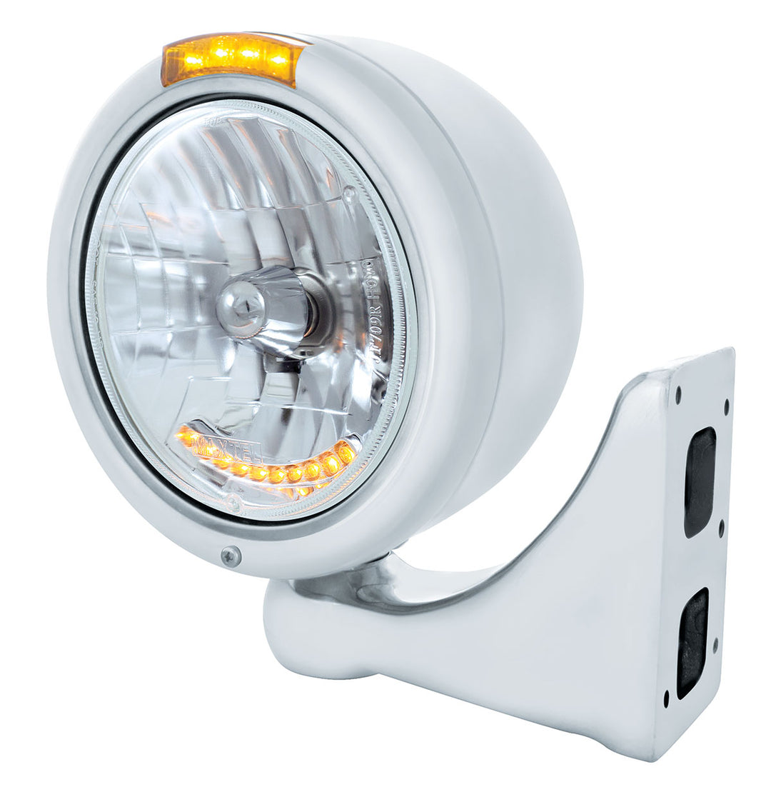 Stainless Steel Classic Half Moon Headlight H4 With LED Turn Signal - Amber LED/Lens - View 4