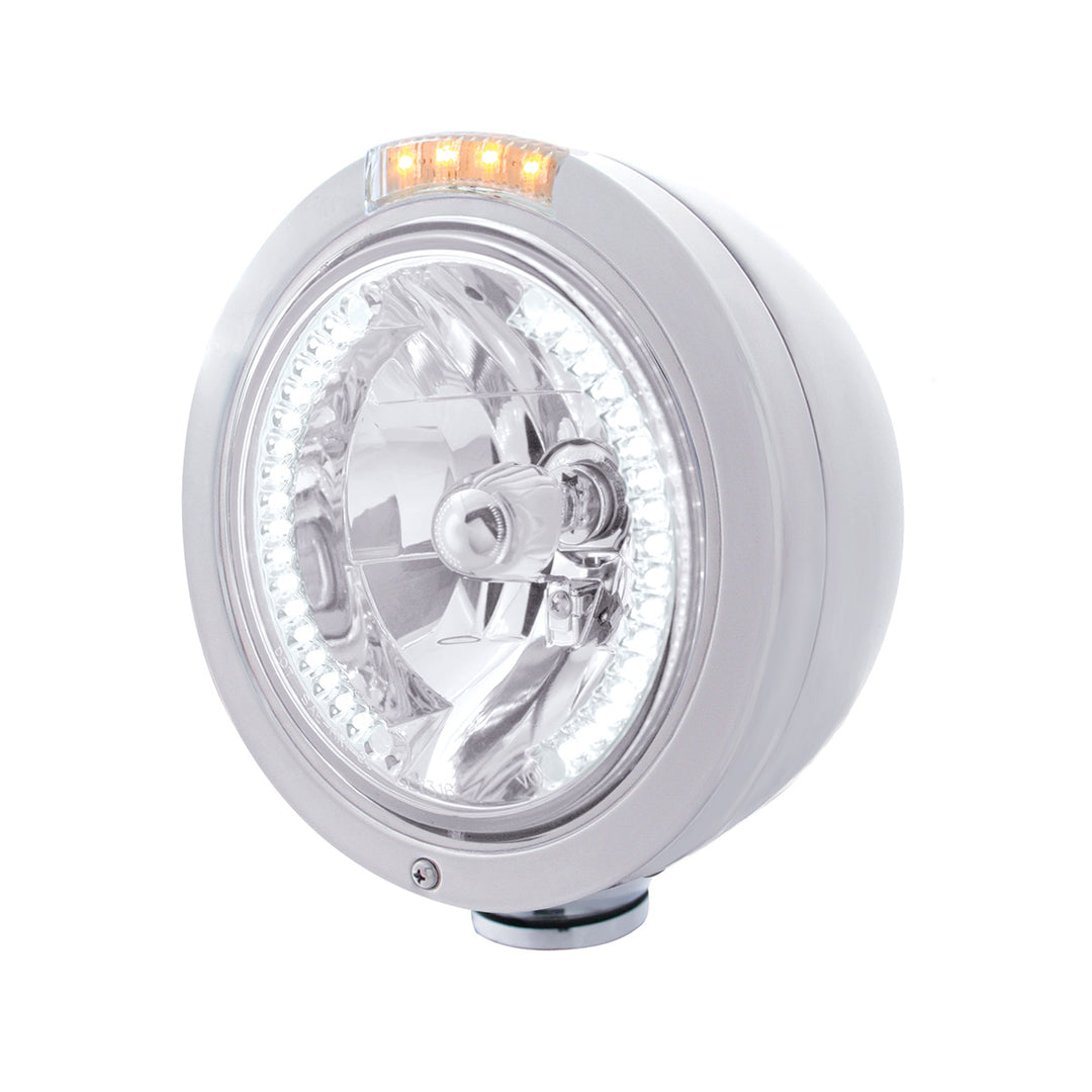 Stainless Steel Bullet Classic Headlight H4 With White LED &amp; Signal - Clear Lens - View 1