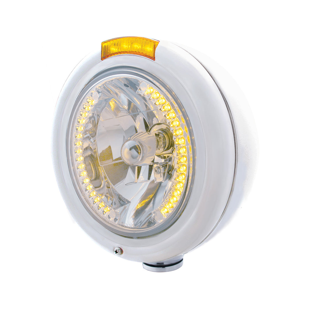 Stainless Steel Classic Headlight H4 With 34 Amber LED &amp; Signal - Amber Lens - View 1