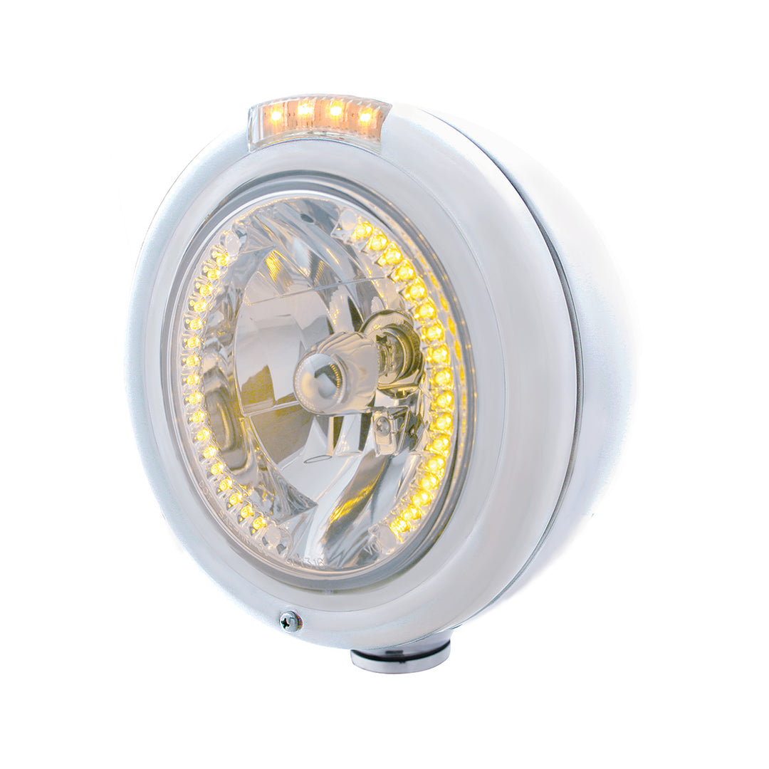 Stainless Steel Classic Headlight H4 With 34 Amber LED &amp; Signal - Clear Lens - View 1