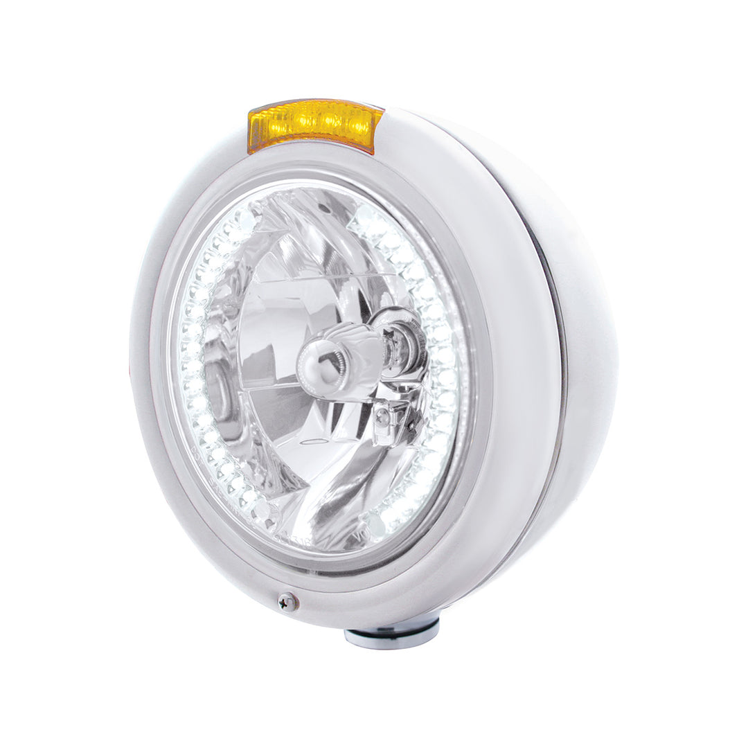 Stainless Steel Classic Headlight H4 With 34 White LED &amp; Dual Mode LED Signal - Amber Lens - View 1