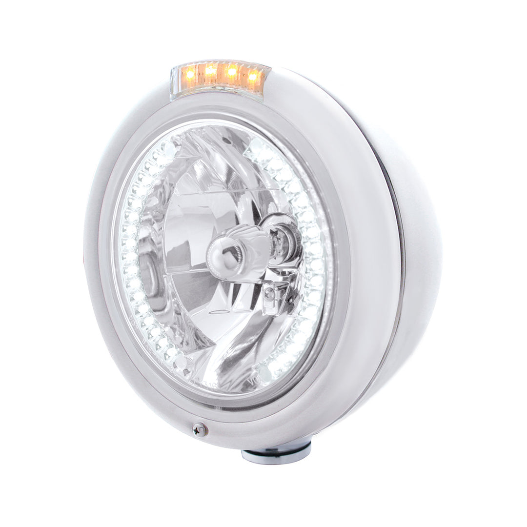 Stainless Steel Classic Headlight H4 With 34 White LED &amp; Signal - Clear Lens - View 1