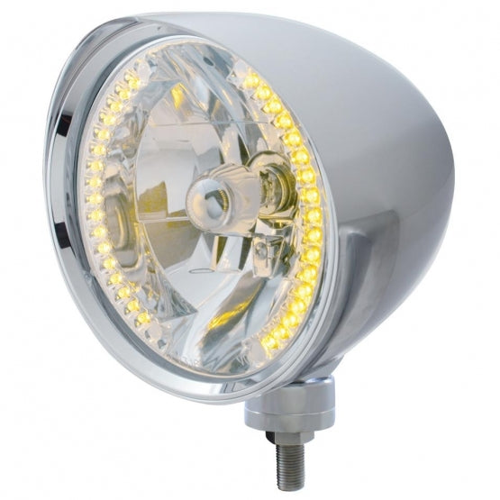 Chrome "Chopper" Headlight With Smooth Visor H4 Bulb With 34 Amber LED - View 1