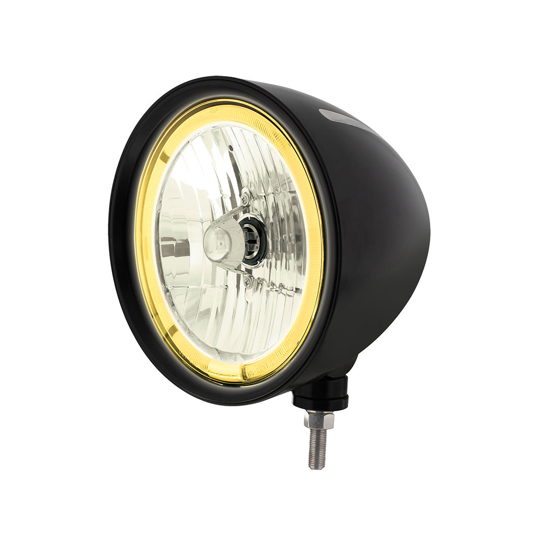 Black "Billet" Style Groove Headlight 9007 Bulb With Amber LED Halo Rim - View 1