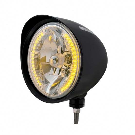 Black "Billet" Style Groove Headlight With Visor H4 Bulb With 34 Amber LED - View 1