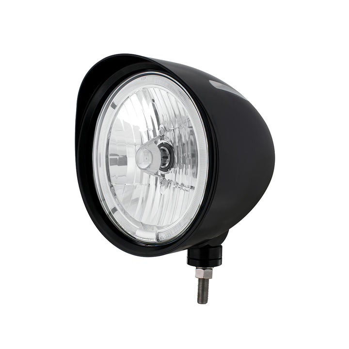 Black "Billet" Style Groove Headlight With Visor 9007 Bulb With Amber LED Halo Rim - View 1