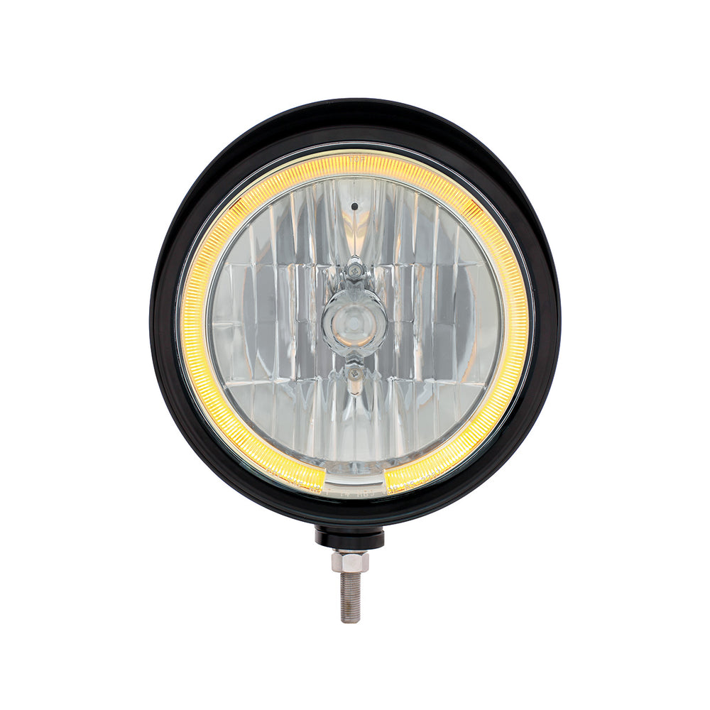 Black "Billet" Style Groove Headlight With Visor 9007 Bulb With Amber LED Halo Rim - View 2