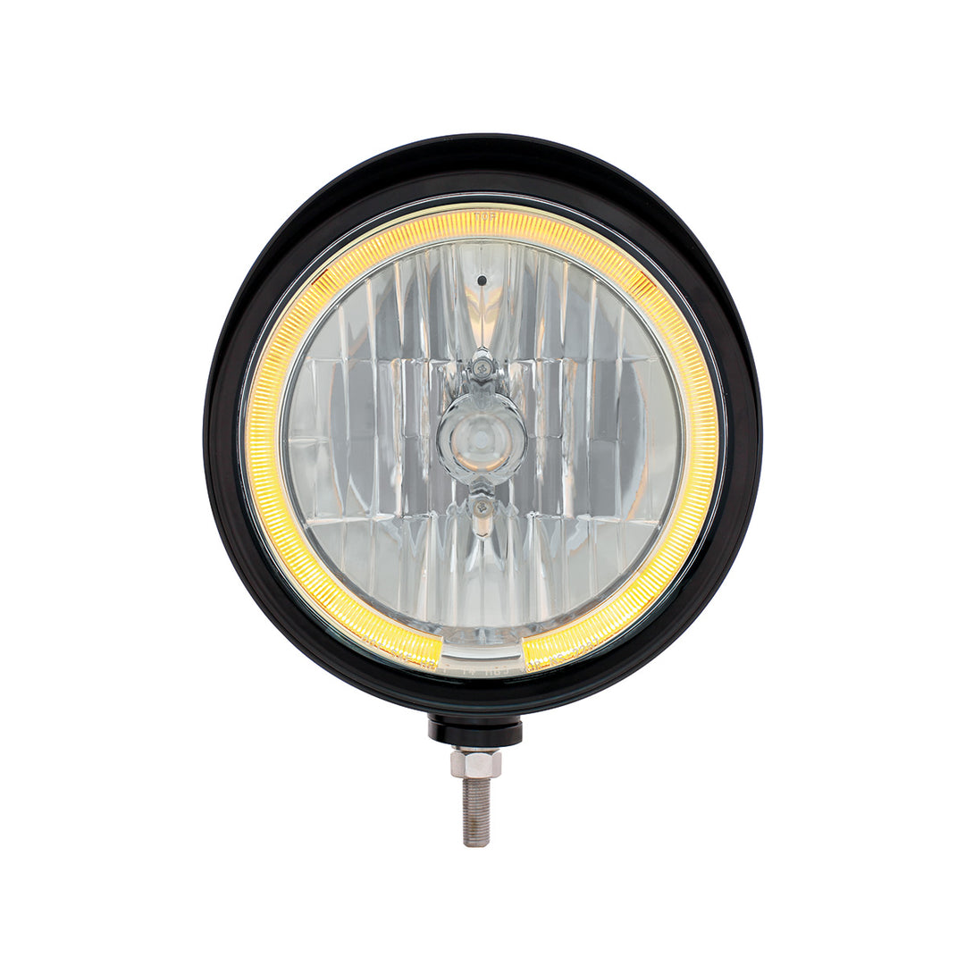 Black "Billet" Style Groove Headlight With Visor 9007 Bulb With Amber LED Halo Rim - View 2
