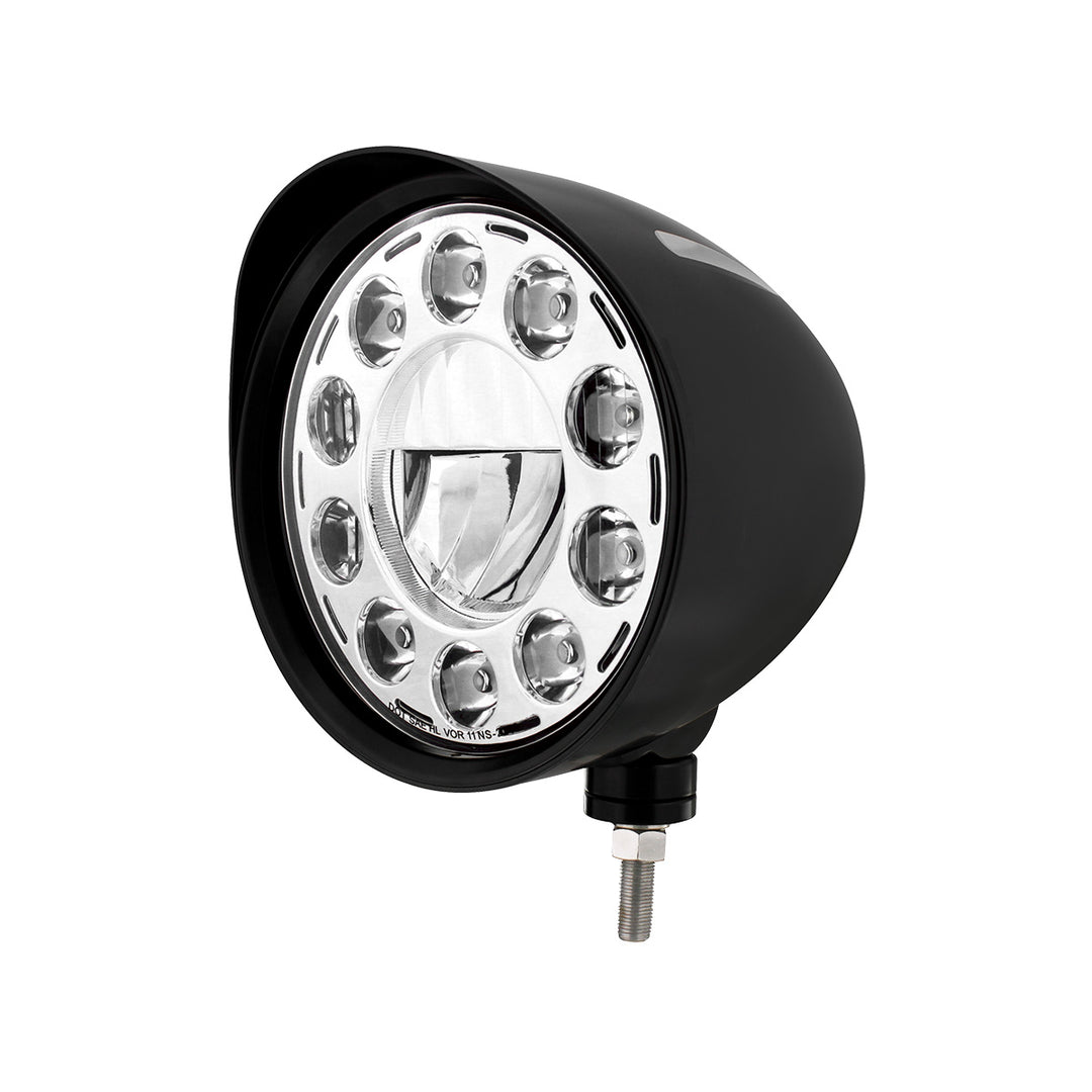 Black "Billet" Style Groove Headlight With Visor 11 LED Bulb - Chrome - View 1