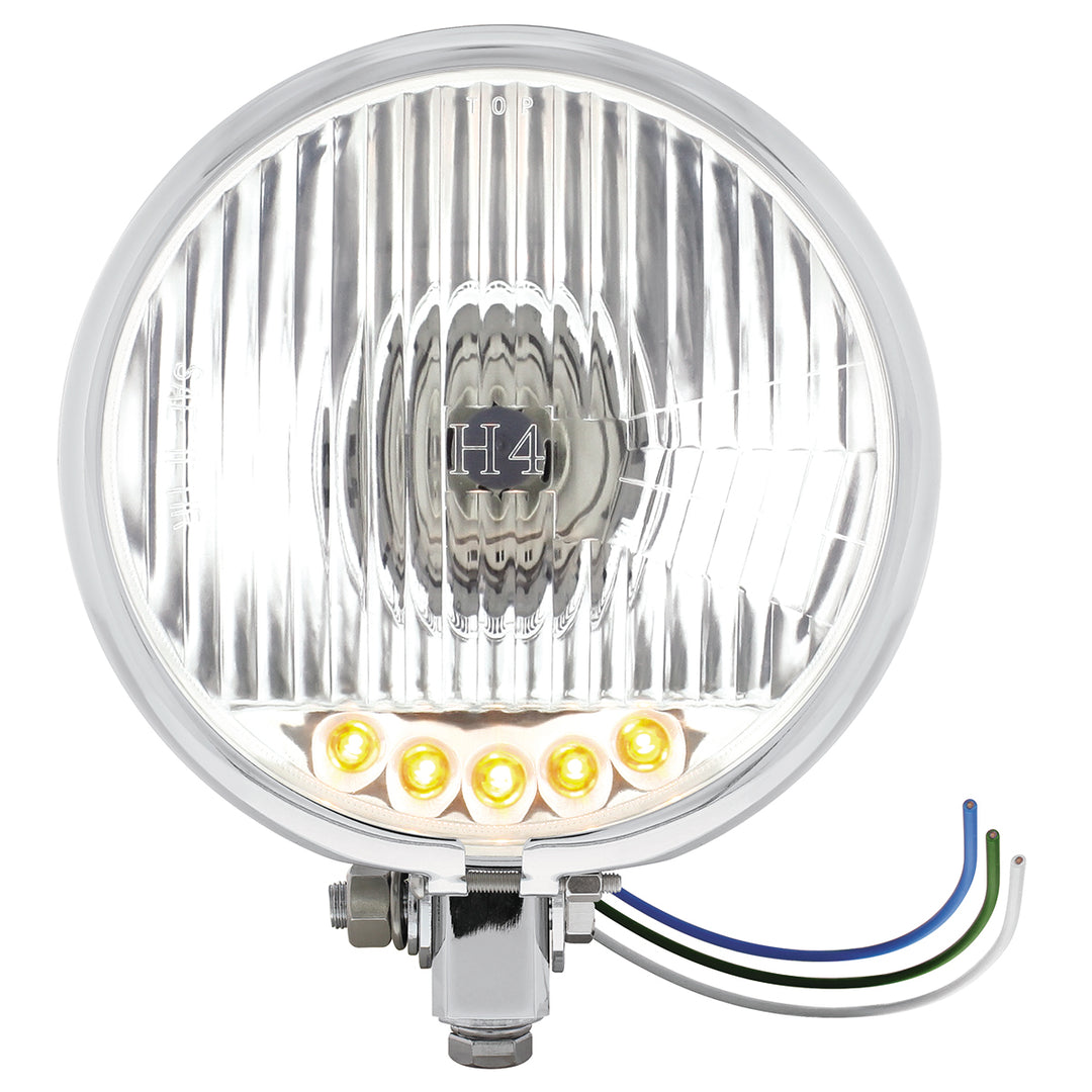 Chrome 5-3/4" Motorcycle Headlight H4 Bulb With 5 Amber LED - Bottom Mount - View 1