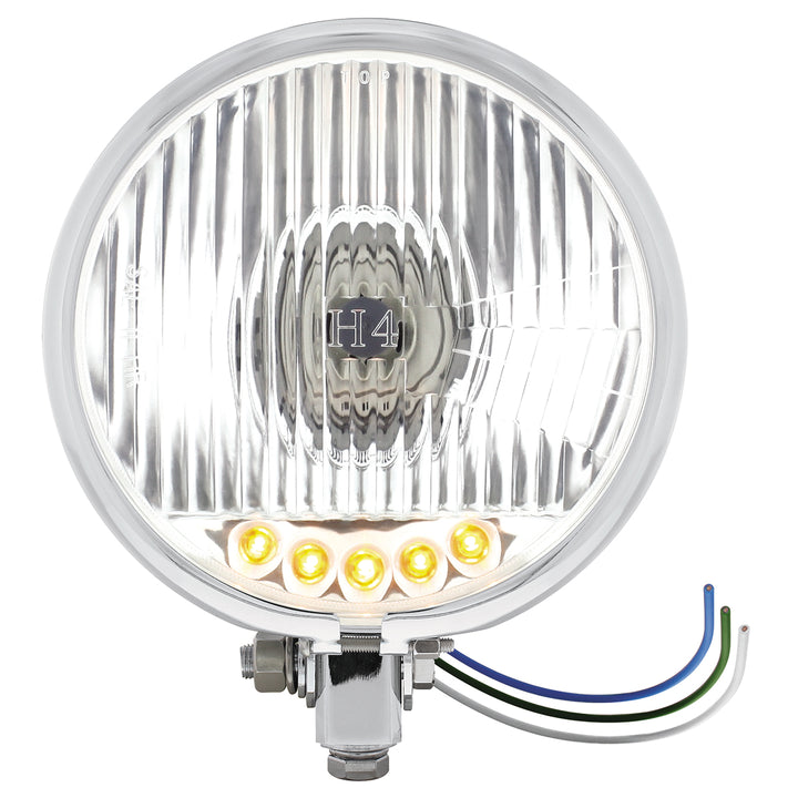 Chrome 5-3/4" Motorcycle Headlight H4 Bulb With 5 Amber LED - Bottom Mount - View 1