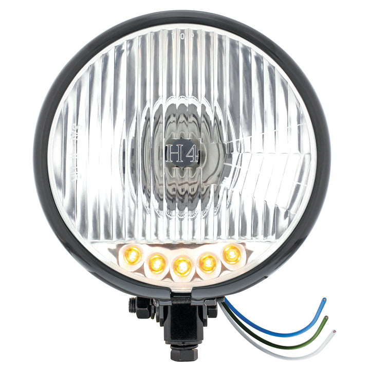 Black 5-3/4" Motorcycle Headlight H4 Bulb With 5 Amber LED - Bottom Mount - View 1
