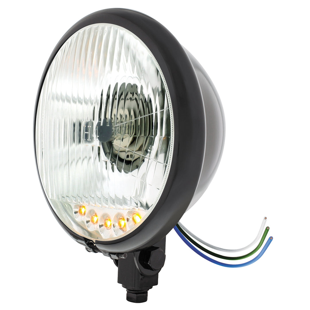Black 5-3/4" Motorcycle Headlight H4 Bulb With 5 Amber LED - Bottom Mount - View 2