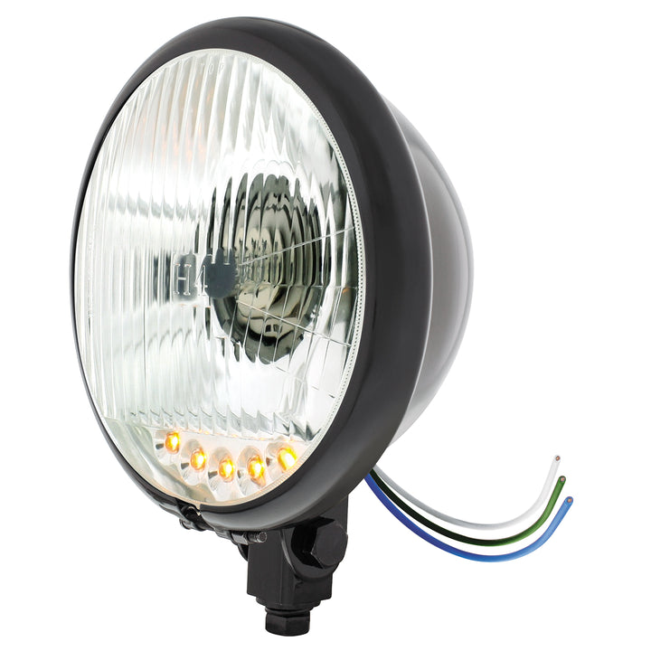 Black 5-3/4" Motorcycle Headlight H4 Bulb With 5 Amber LED - Bottom Mount - View 2