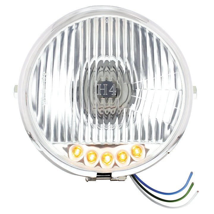 Chrome 5-3/4" Motorcycle Headlight H4 Bulb With 5 Amber LED - Side Mount - View 1