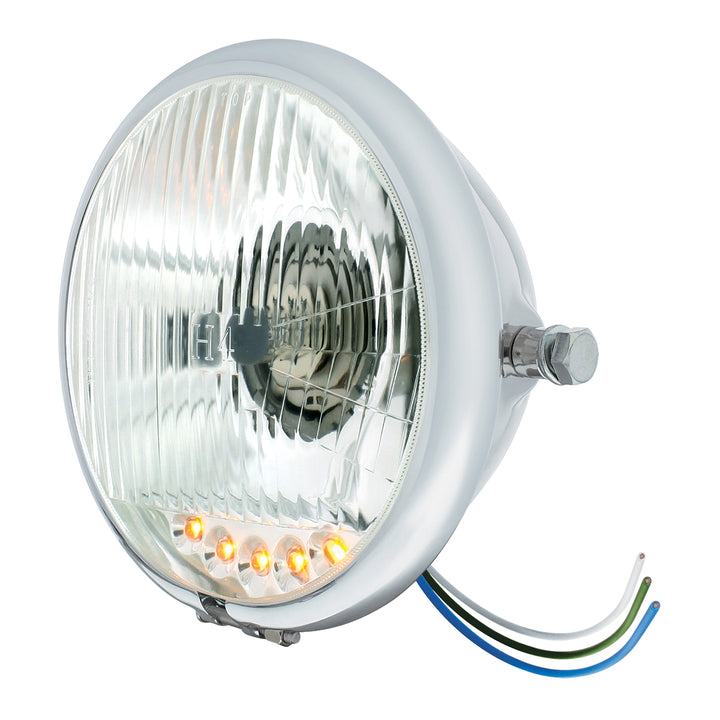 Chrome 5-3/4" Motorcycle Headlight H4 Bulb With 5 Amber LED - Side Mount - View 2