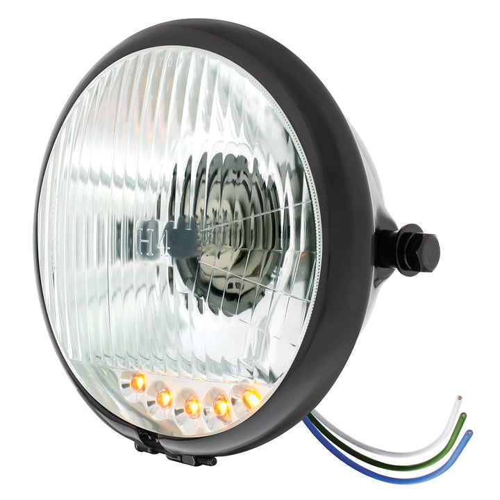 Black 5-3/4" Motorcycle Headlight H4 Bulb With 5 Amber LED - Side Mount - View 2