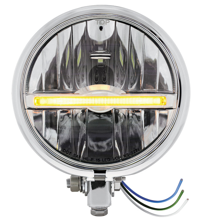 Chrome 5-3/4" Motorcycle Headlight 9 LED Bulb With Amber LED Light Bar - Bottom Mount - View 1