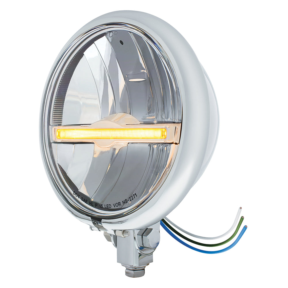 Chrome 5-3/4" Motorcycle Headlight 9 LED Bulb With Amber LED Light Bar - Bottom Mount - View 2