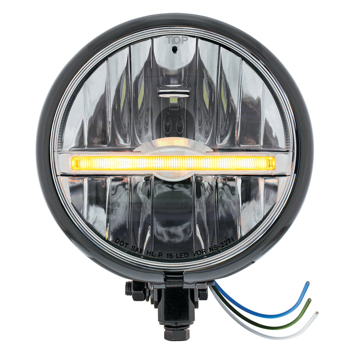 Black 5-3/4" Motorcycle Headlight 9 LED Bulb With Amber LED Light Bar - Bottom Mount - View 1