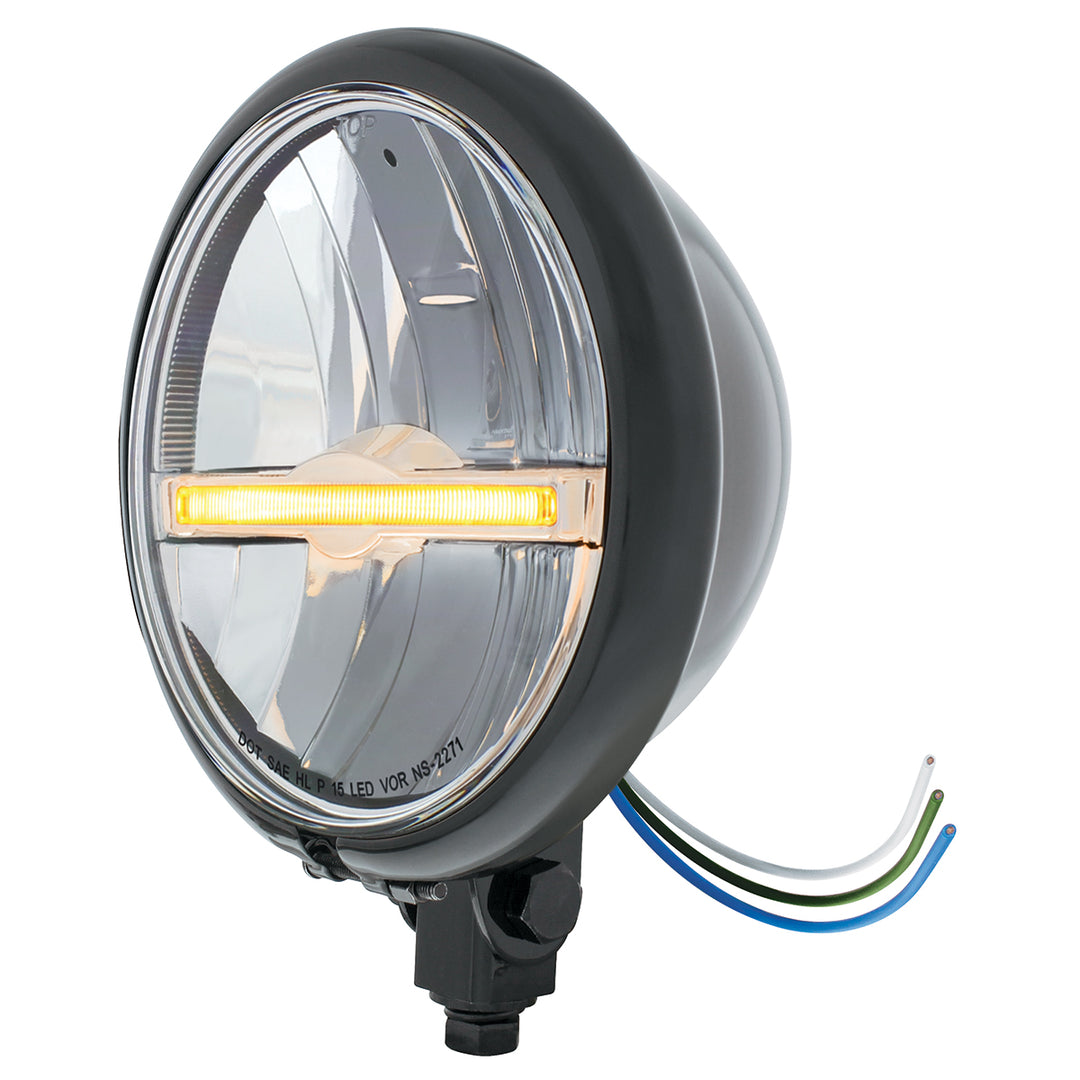 Black 5-3/4" Motorcycle Headlight 9 LED Bulb With Amber LED Light Bar - Bottom Mount - View 2