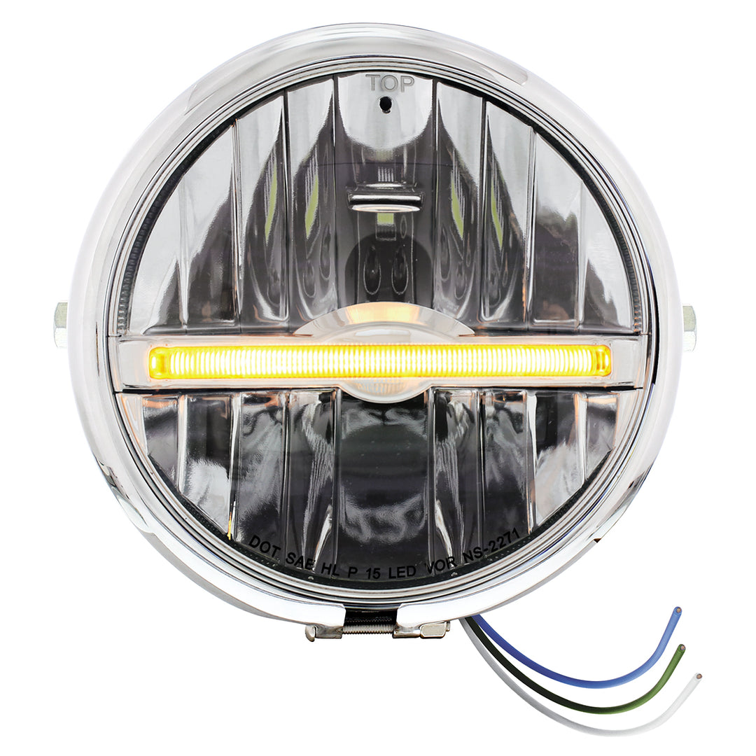 Chrome 5-3/4" Motorcycle Headlight 9 LED Bulb With Amber LED Light Bar - Side Mount - View 1