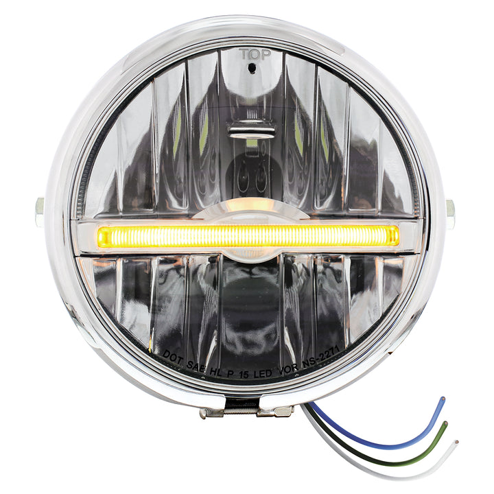 Chrome 5-3/4" Motorcycle Headlight 9 LED Bulb With Amber LED Light Bar - Side Mount - View 1