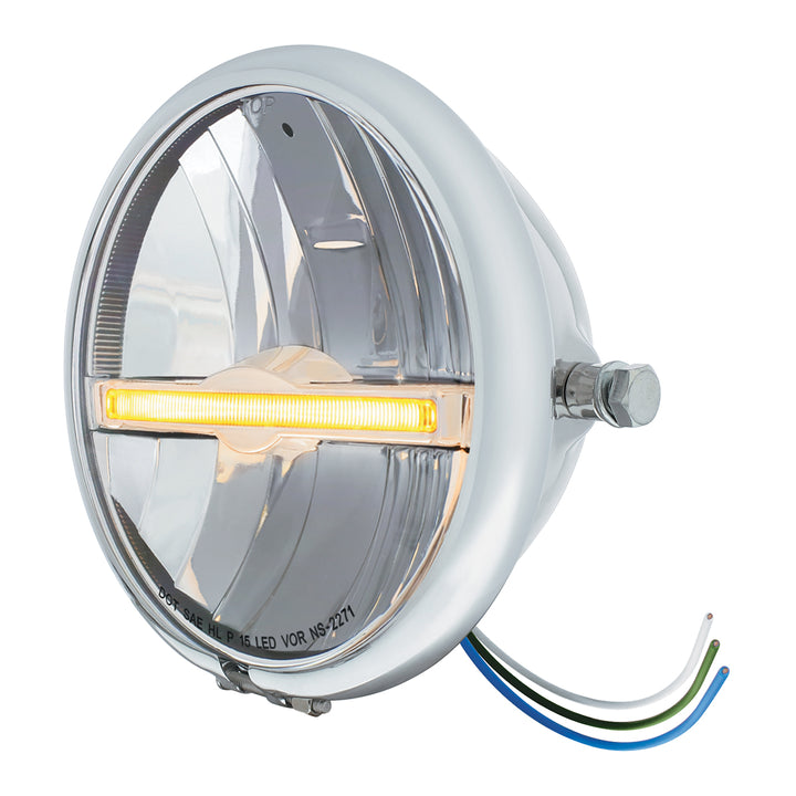 Chrome 5-3/4" Motorcycle Headlight 9 LED Bulb With Amber LED Light Bar - Side Mount - View 2
