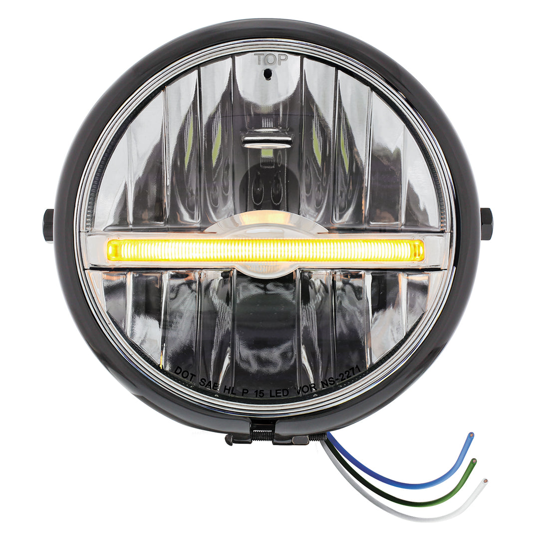 Black 5-3/4" Motorcycle Headlight 9 LED Bulb With Amber LED Light Bar - Side Mount - View 1