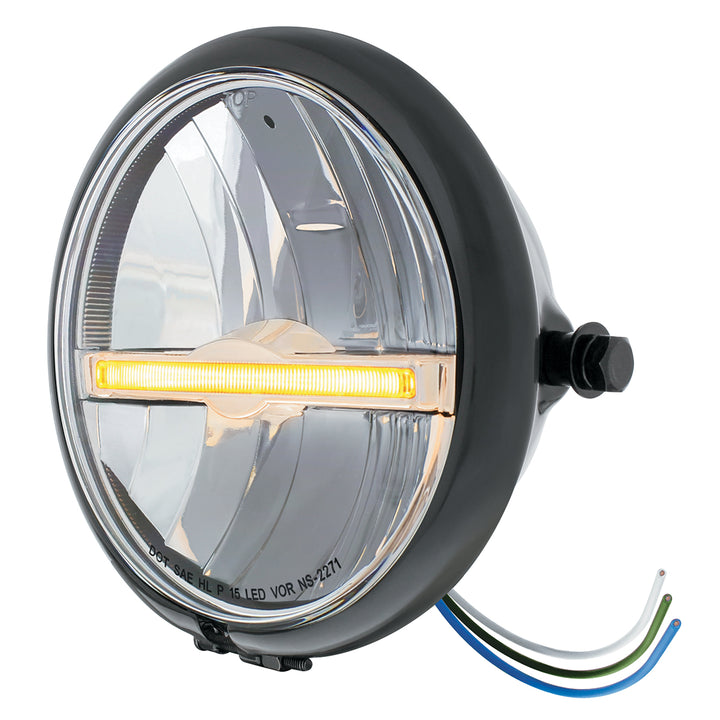 Black 5-3/4" Motorcycle Headlight 9 LED Bulb With Amber LED Light Bar - Side Mount - View 2