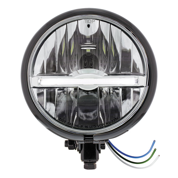 Black 5-3/4" Motorcycle Headlight 9 LED Bulb With White LED Light Bar - Bottom Mount - View 1
