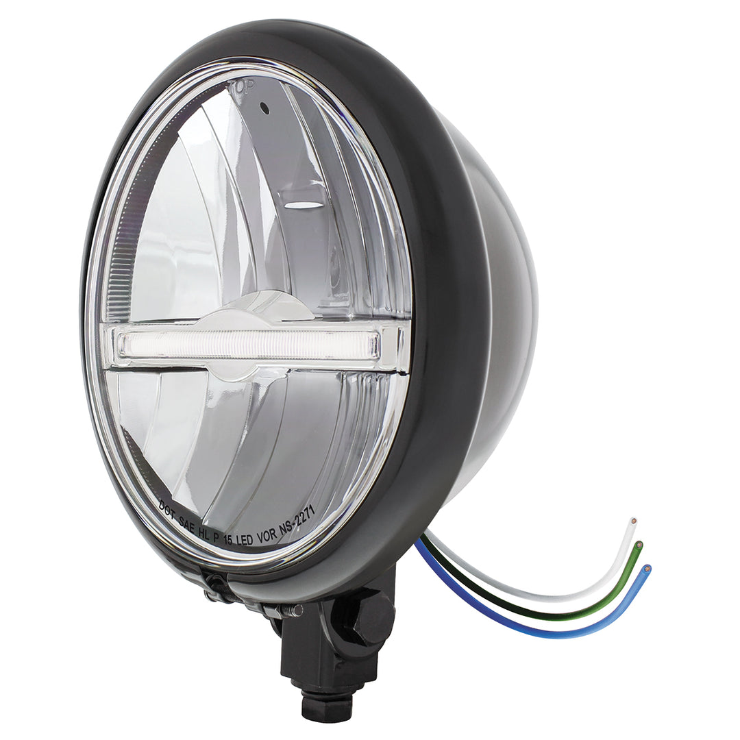 Black 5-3/4" Motorcycle Headlight 9 LED Bulb With White LED Light Bar - Bottom Mount - View 2