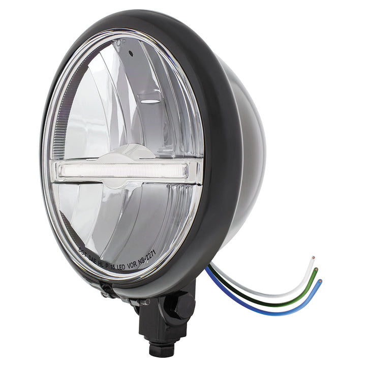 Black 5-3/4" Motorcycle Headlight 9 LED Bulb With White LED Light Bar - Bottom Mount - View 2