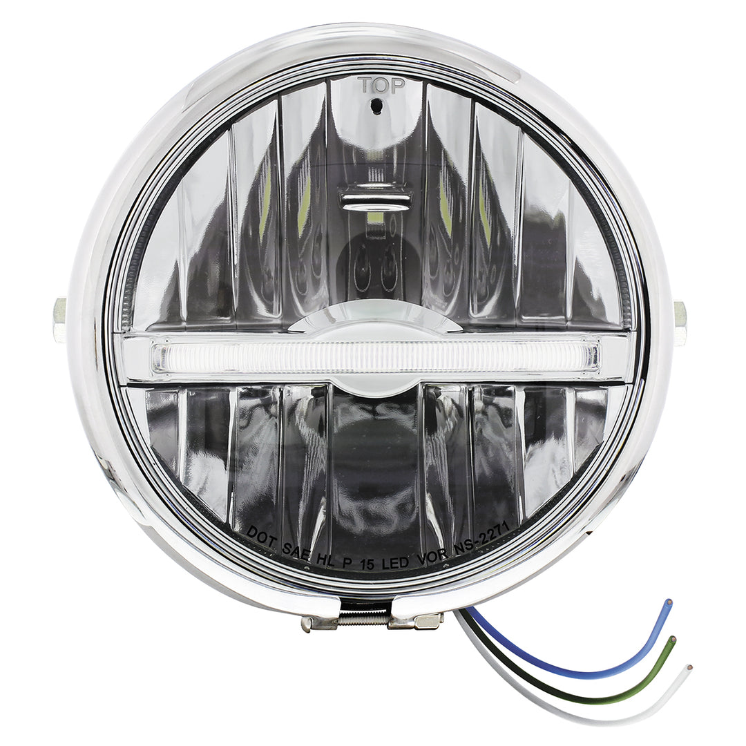 Chrome 5-3/4" Motorcycle Headlight 9 LED Bulb With White LED Light Bar - Side Mount - View 1