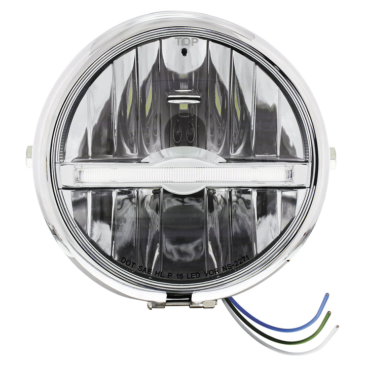 Chrome 5-3/4" Motorcycle Headlight 9 LED Bulb With White LED Light Bar - Side Mount - View 1