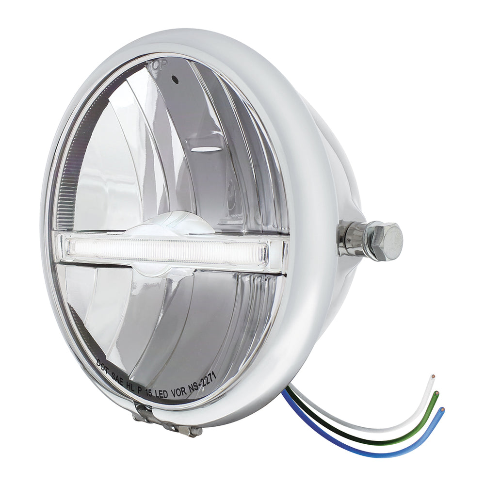 Chrome 5-3/4" Motorcycle Headlight 9 LED Bulb With White LED Light Bar - Side Mount - View 2