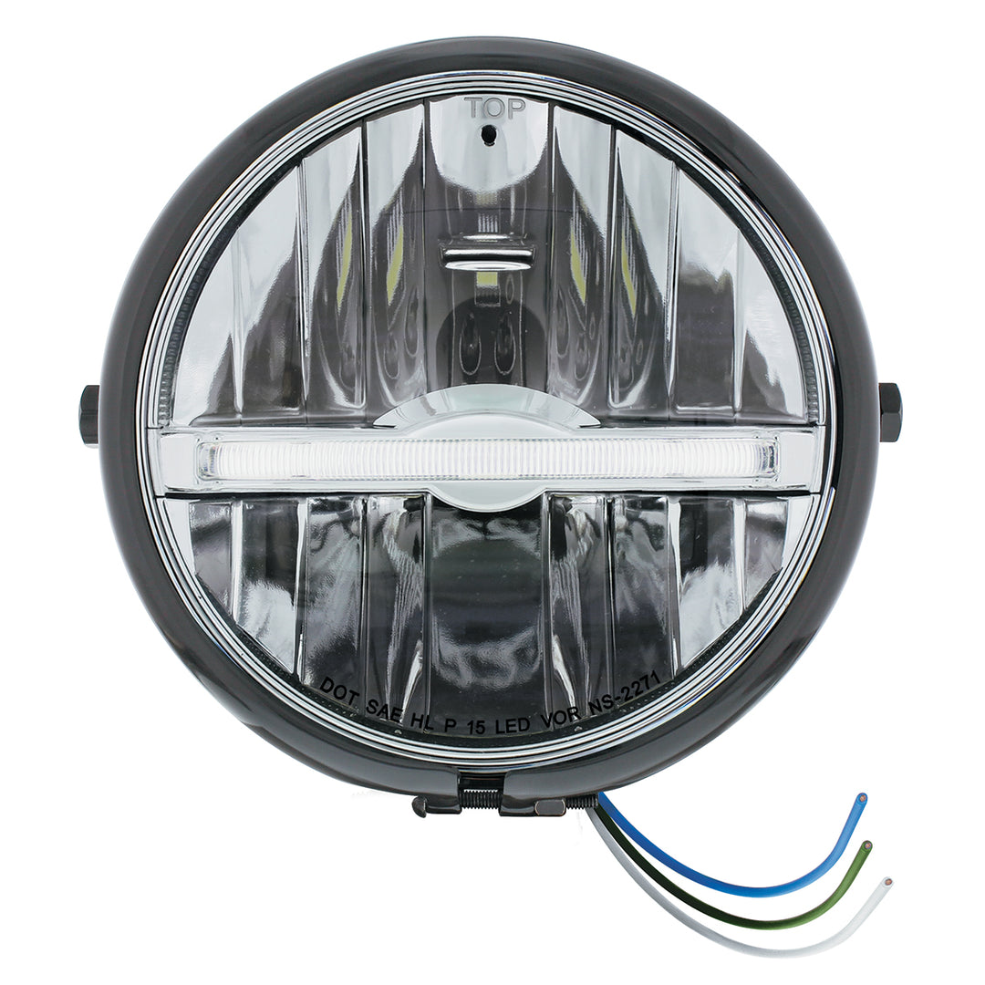Black 5-3/4" Motorcycle Headlight 9 LED Bulb With White LED Light Bar - Side Mount - View 1