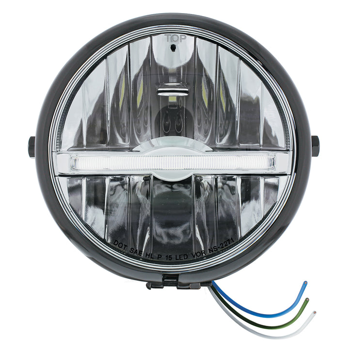 Black 5-3/4" Motorcycle Headlight 9 LED Bulb With White LED Light Bar - Side Mount - View 1