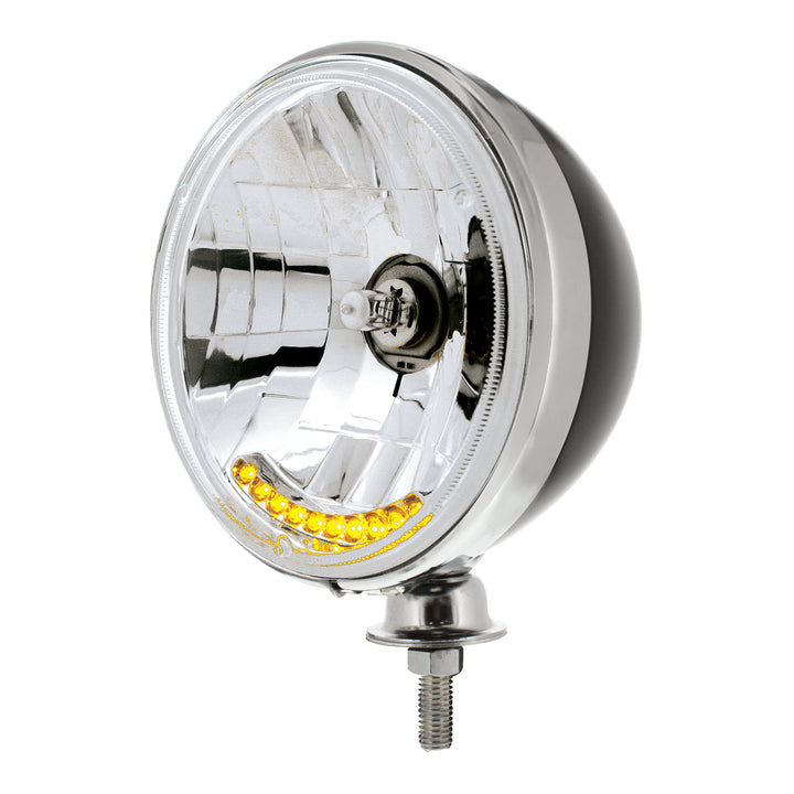 7" Black Dietz Style Headlight Housing &amp; Chrome Rim With 12 Volt Crystal Halogen Bulb &amp; 10 Amber LED - View 1