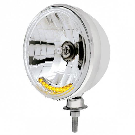 7" Stainless Dietz Style Headlight With 12 Volt Crystal Halogen Bulb &amp; 10 Amber LED (Pair) - View 1