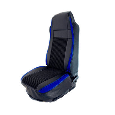 SEAT COVER W/ PLEATED FABRIC &amp; LEATHERETTE TRIM - BLUE