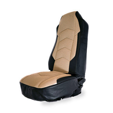 SEAT COVER W/ MESH FABRIC CENTER &amp; LEATHERETTE TRIM - TAN